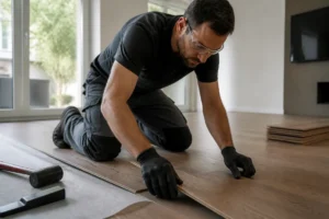 Prix pose parquet flottant au m2 : un artisan installe un parquet stratifié dans un salon.