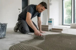 Un artisan pose du carrelage à l'aide d'un sac de colle carrelage sur un chantier de rénovation
