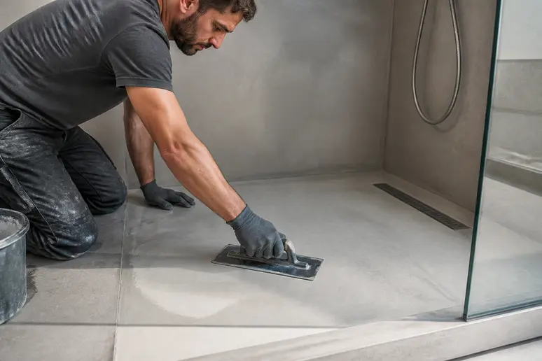 Application d'un revêtement minéral sur une douche en salle de bain béton ciré.