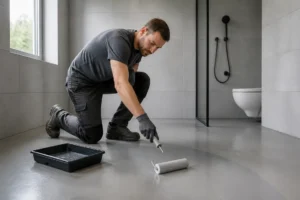 artisan appliquant une protection hydrofuge sur un sol de salle de bain béton ciré moderne