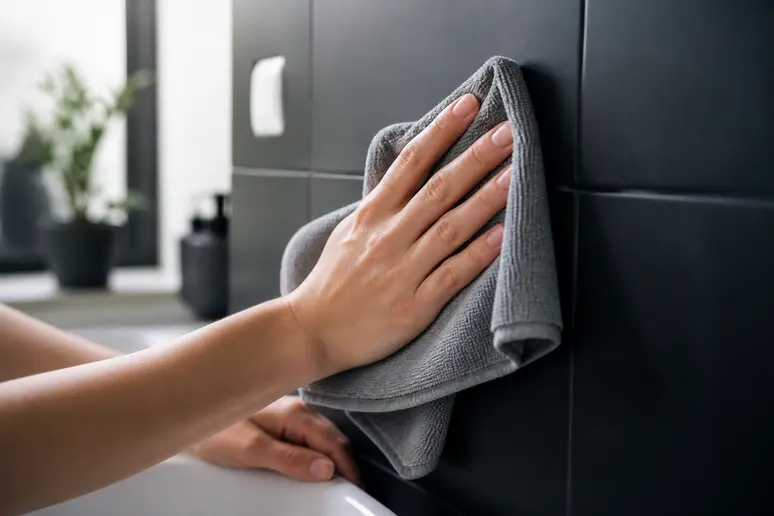Utilisation d'une microfibre pour nettoyer un carrelage noir et éliminer le calcaire