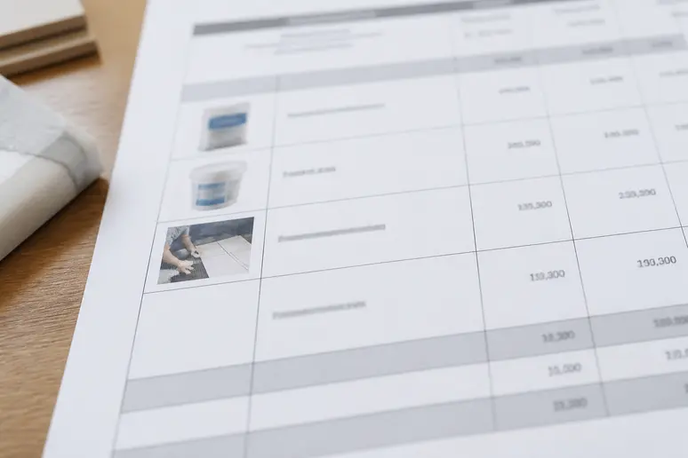 Extrait d'un devis détaillé montrant le tarif pose carrelage 60x60 au m2 et les fournitures.
