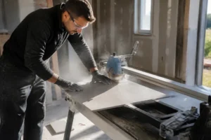 Coupe précise de carrelage 60x60 par un artisan, illustrant le tarif pose carrelage 60x60 au m2 en cours.