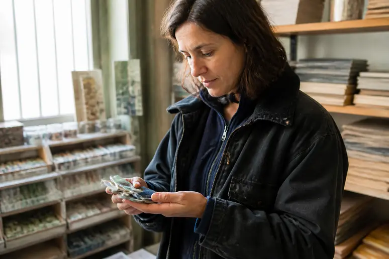 Une femme choisit des tesselles de mosaïque en verre dans un magasin de bricolage parisien.