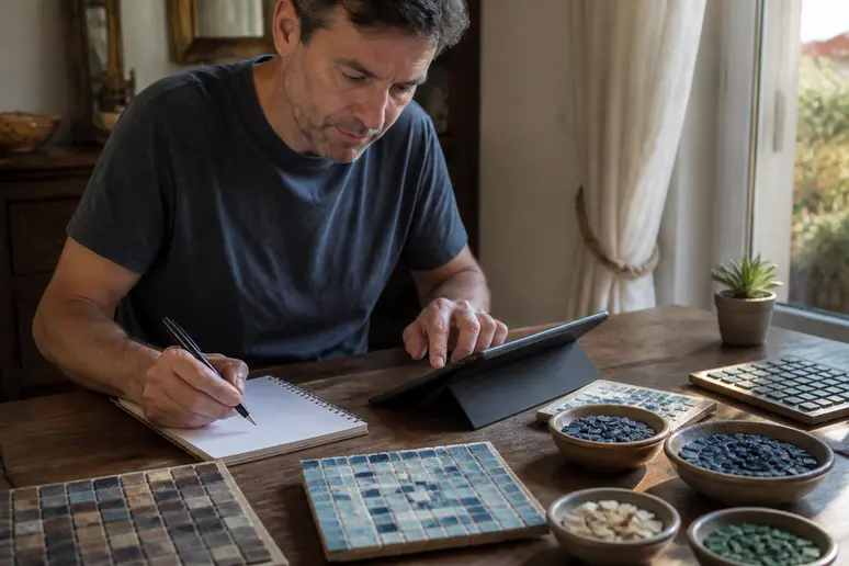 Un homme calcule le coût de tesselles de mosaïque en céramique et verre chez lui.