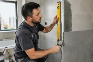Pose minutieuse d'une baguette angle pour carrelage lors de la rénovation d'une salle de bains