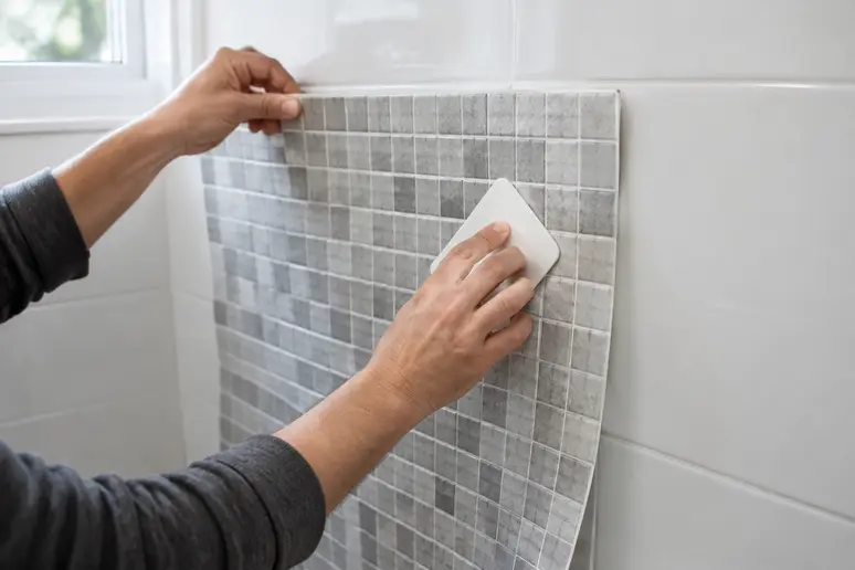 Pose minutieuse de carrelage mural adhésif dans une salle de bains sur un support propre