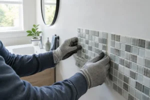 Pose minutieuse d'un carrelage mural adhésif salle de bain sur un mur peint blanc