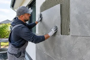 Pose de grand carrelage mural pour exterieur en grès cérame sur la façade d'une maison