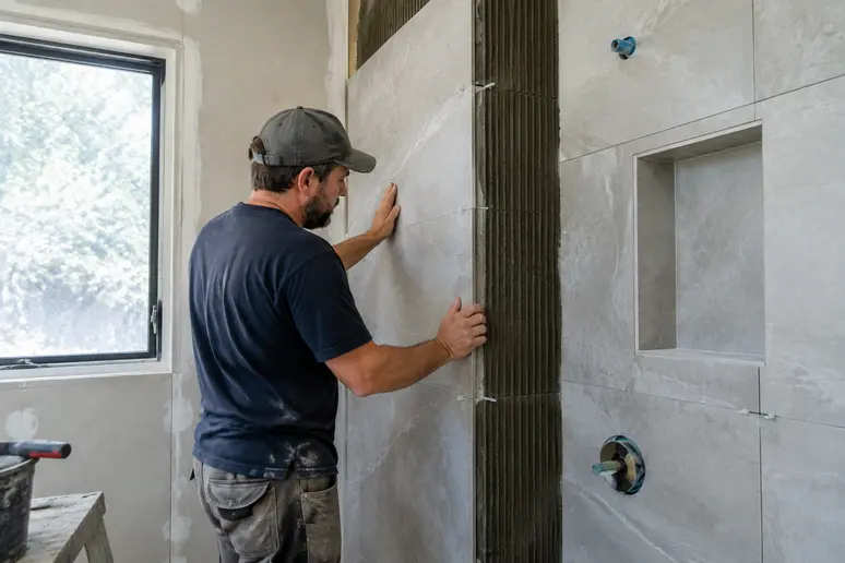 Carrelage mural posé sur une hauteur de deux mètres dans une douche
