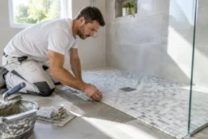 Pose minutieuse de mosaïques antidérapantes sur le sol d'une douche pour la mise en place d'un carrelage pour douche italienne