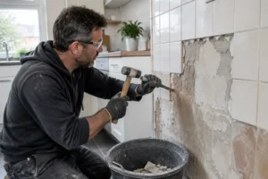 artisan retirant délicatement du carrelage sur placo dans une cuisine en rénovation
