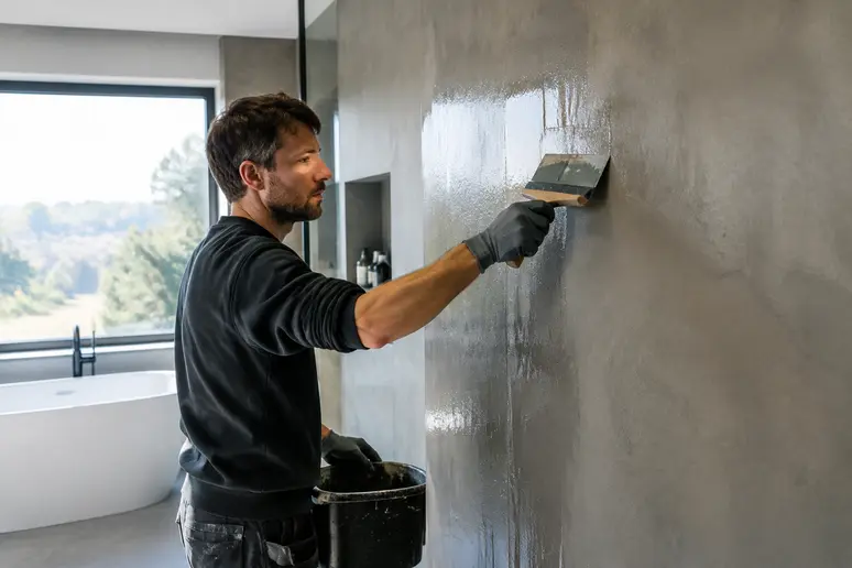 Application d'un vernis de protection sur un mur en béton ciré dans une salle de bains