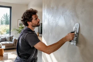 Artisan appliquant un enduit décoratif sur un mur béton ciré dans un salon moderne