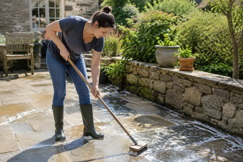 Entretien d un dallage extérieur en pierre naturelle à l aide d un balai brosse et d eau savonneuse