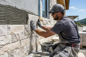 Pose minutieuse de pierre parement naturelle exterieur sur une façade de maison par un artisan qualifié.
