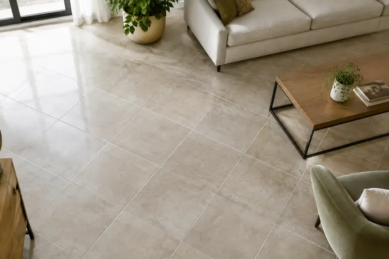 Sol carrelé avec une pose carrelage en diagonale dans une pièce lumineuse