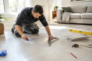 artisan préparant un traçage précis pour une pose carrelage en diagonale dans une pièce lumineuse