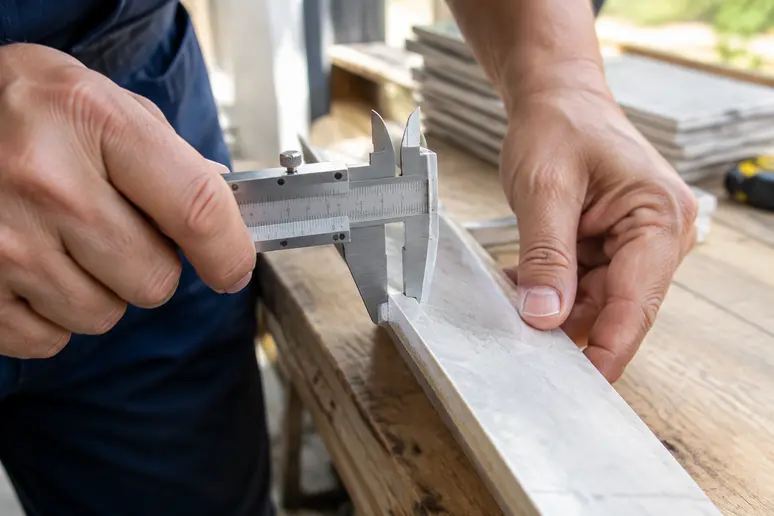 Mesure précise de l épaisseur d un carreau avec un pied à coulisse avant la pose du profilé pour carrelage