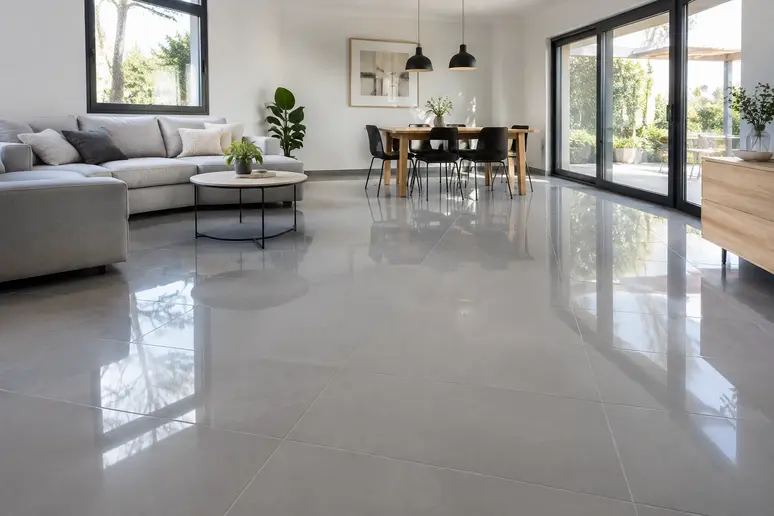 Sol carrelé intérieur repeint avec une finition en résine époxy résistante aux passages.