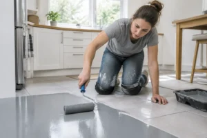 Un artisan en tenue décontractée en train de repeindre du carrelage au sol au rouleau sans ponçage préalable.