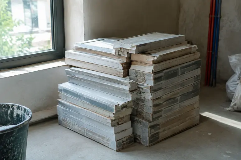 Empilement de boîtes de carrelage prêtes pour calculer m2 carrelage et estimer la commande.