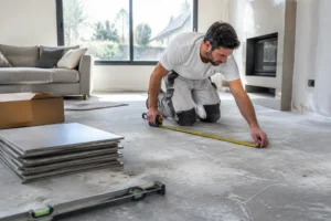 artisan mesurant une pièce pour calculer m2 carrelage avant la pose du revêtement de sol
