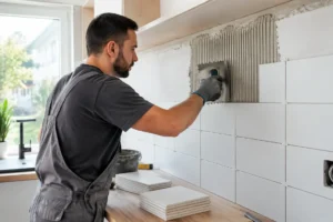 Pose méticuleuse de carrelage mural blanc mat au-dessus du plan de travail d'une cuisine moderne.