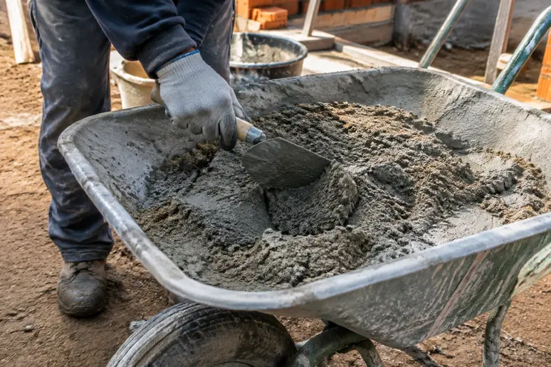 Ouvrier mélangeant du mortier à la truelle pour préparer une chape pour carrelage ferme