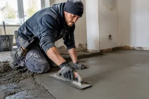 Un artisan étale soigneusement du mortier frais lors de la pose d'une chape pour carrelage en rénovation.