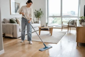 comment nettoyer un parquet flottant avec une serpillière microfibre dans un salon lumineux