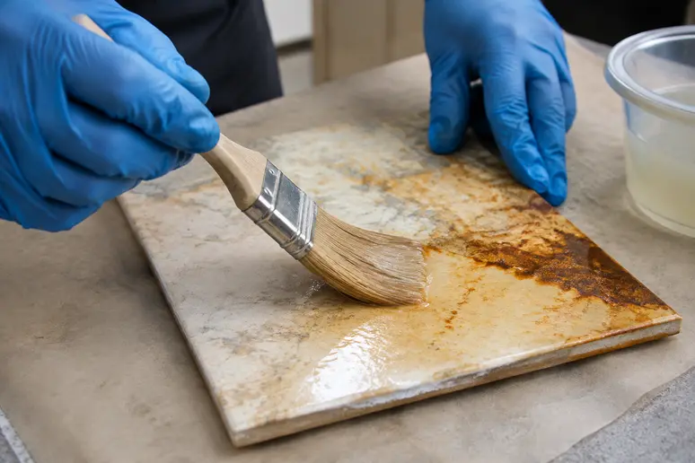 Application d'acide oxalique au pinceau sur un carrelage taché de rouille