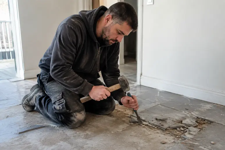 Artisan carreleur retirant un ancien carrelage de sol lors d'une dépose