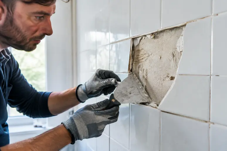Travailleur détachant délicatement du carrelage mural pour préserver le support en placo