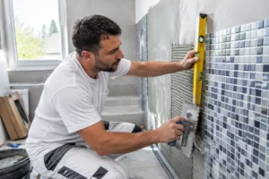 Un artisan pose soigneusement des mosaïques sur un mur de salle de bain lors de travaux