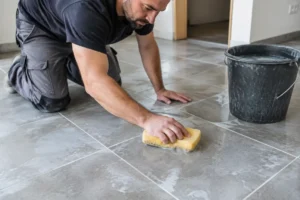 artisan en train d enlever laitance carrelage avec une éponge sur un sol neuf