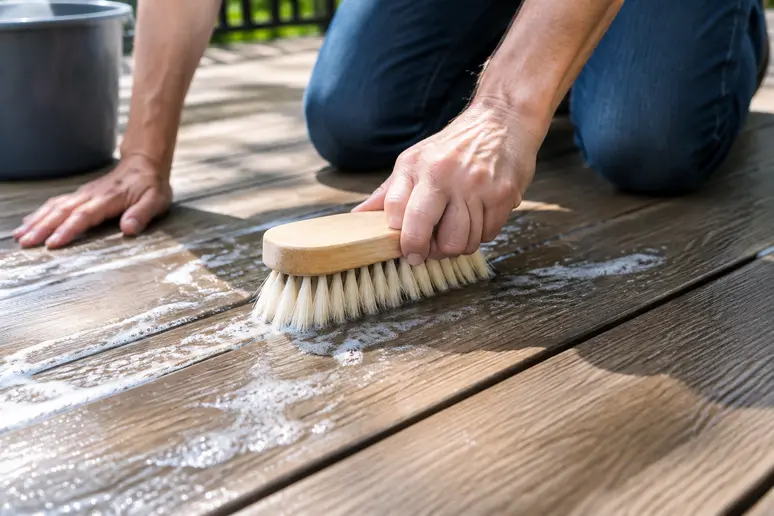 Nettoyage manuel d'une terrasse en composite avec une brosse souple et de l'eau savonneuse