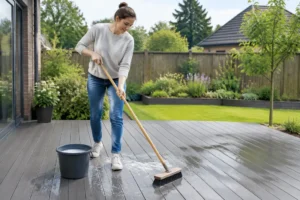 Propriétaire effectuant un entretien doux pour nettoyer terrasse en composite avec un balai brosse.
