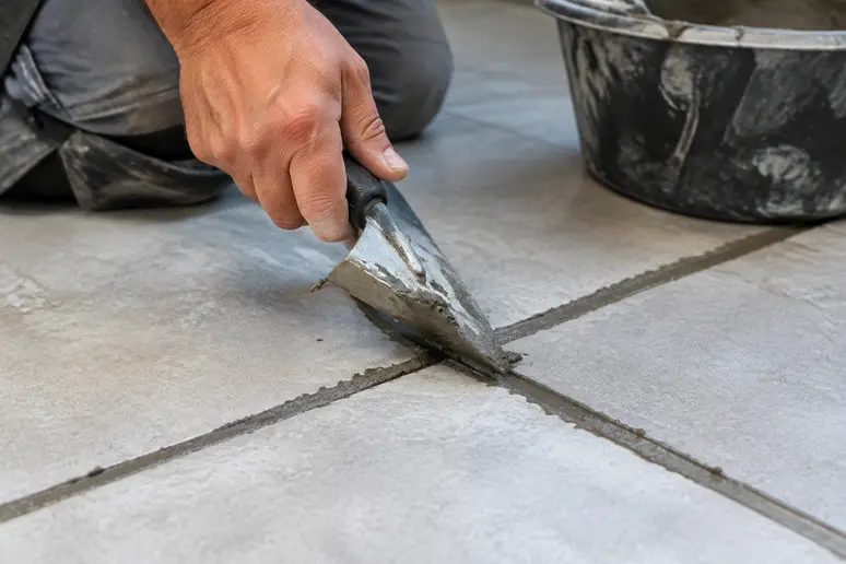 Réparation des joints de carrelage abîmés avec du mortier frais entre les carreaux