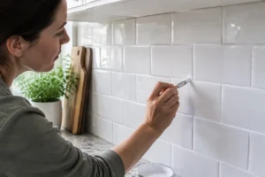 Rénovation d'un mur de cuisine pour peindre des joints de carrelage avec précision