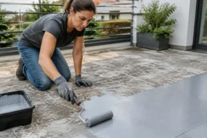 Personne appliquant un rouleau pour peindre du carrelage exterieur sur une terrasse résidentielle