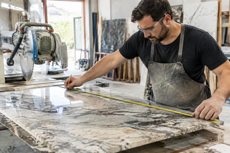 Découpe sur mesure d'un plan de travail en pierre naturelle dans un atelier d'artisan
