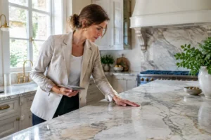 Un cuisiniste examine la surface polie d'un plan de travail en pierre naturelle dans une cuisine moderne lumineuse.