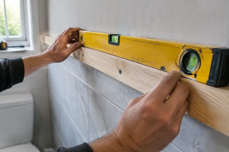 Pose de carrelage salle de bain : fixation d'un tasseau de départ avec un niveau à bulle.