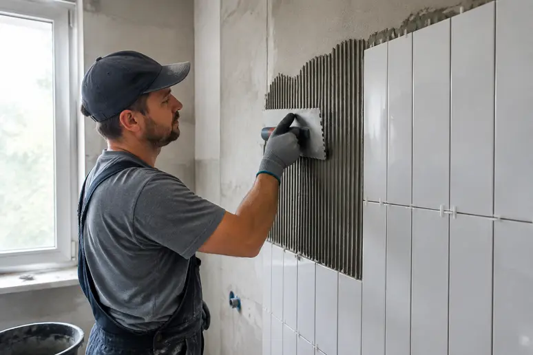 Pose de carrelage salle de bain : alignement vertical des carreaux muraux.