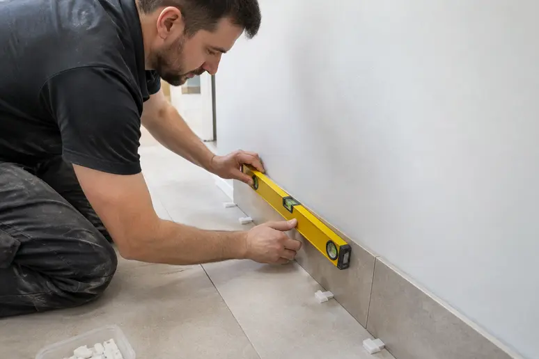 Vérification de l'alignement d'une plinthe carrelage à l'aide d'un niveau à bulle et de cales.