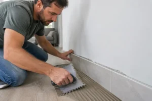 Artisan réalisant une pose plinthe carrelage sur un mur peint avec de la colle adaptée.