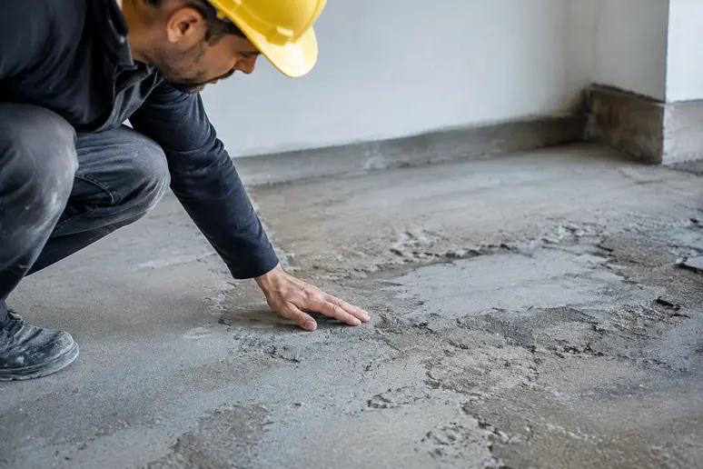 Inspection d'un sol présentant des irrégularités avant la pose du ragréage autolissant