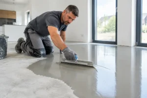 artisan appliquant un ragréage autolissant sur le sol d'une pièce avant la pose du carrelage