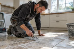 artisan préparant le sol pour un ragréage sur carrelage dans une cuisine en rénovation